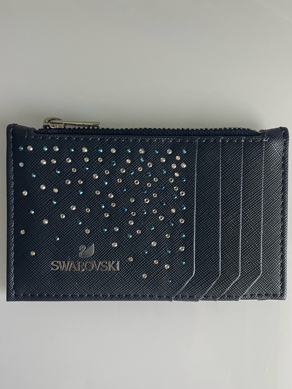 Swarovski Blue Saffiano Leather Crystal Card Holder Zip Coin Wallet New!